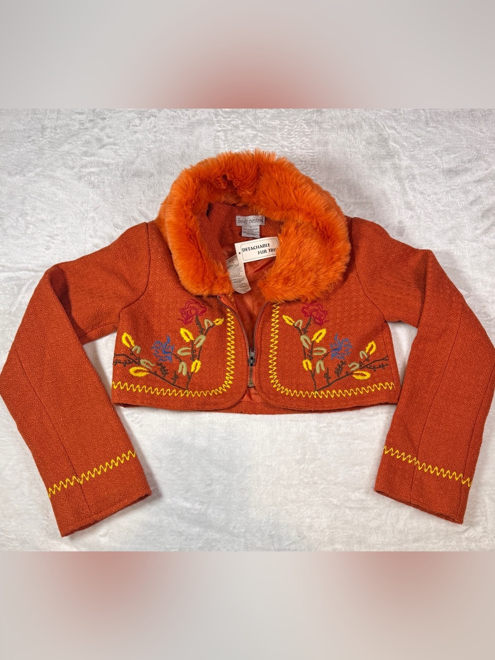 Body Central Y2K Cropped Embroidered Orange Faux Fur Jacket S